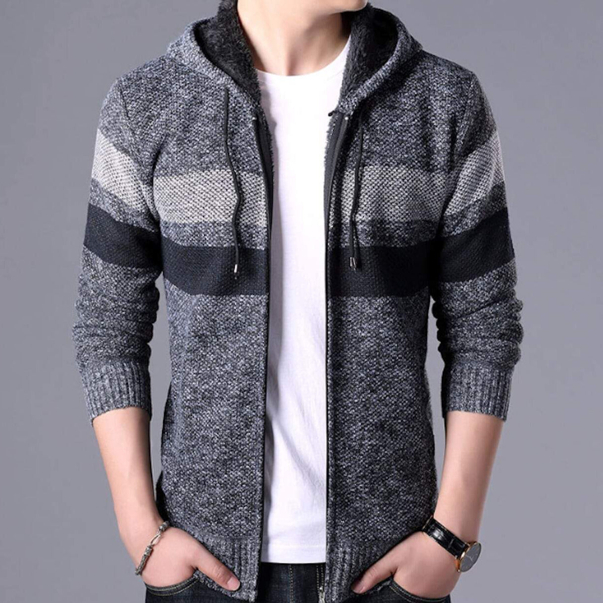 mens gray polyester cotton hooded zip up cardigan sweater - AmtifyDirect