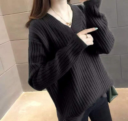 womens black acrylic vegan friendly V Neck sweater - AmtifyDirect