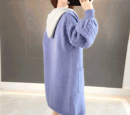 womens blue cotton blend hooded long cardigan sweater - AmtifyDirect