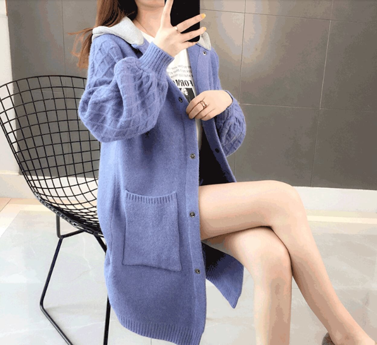 womens blue cotton blend hooded long cardigan sweater - AmtifyDirect