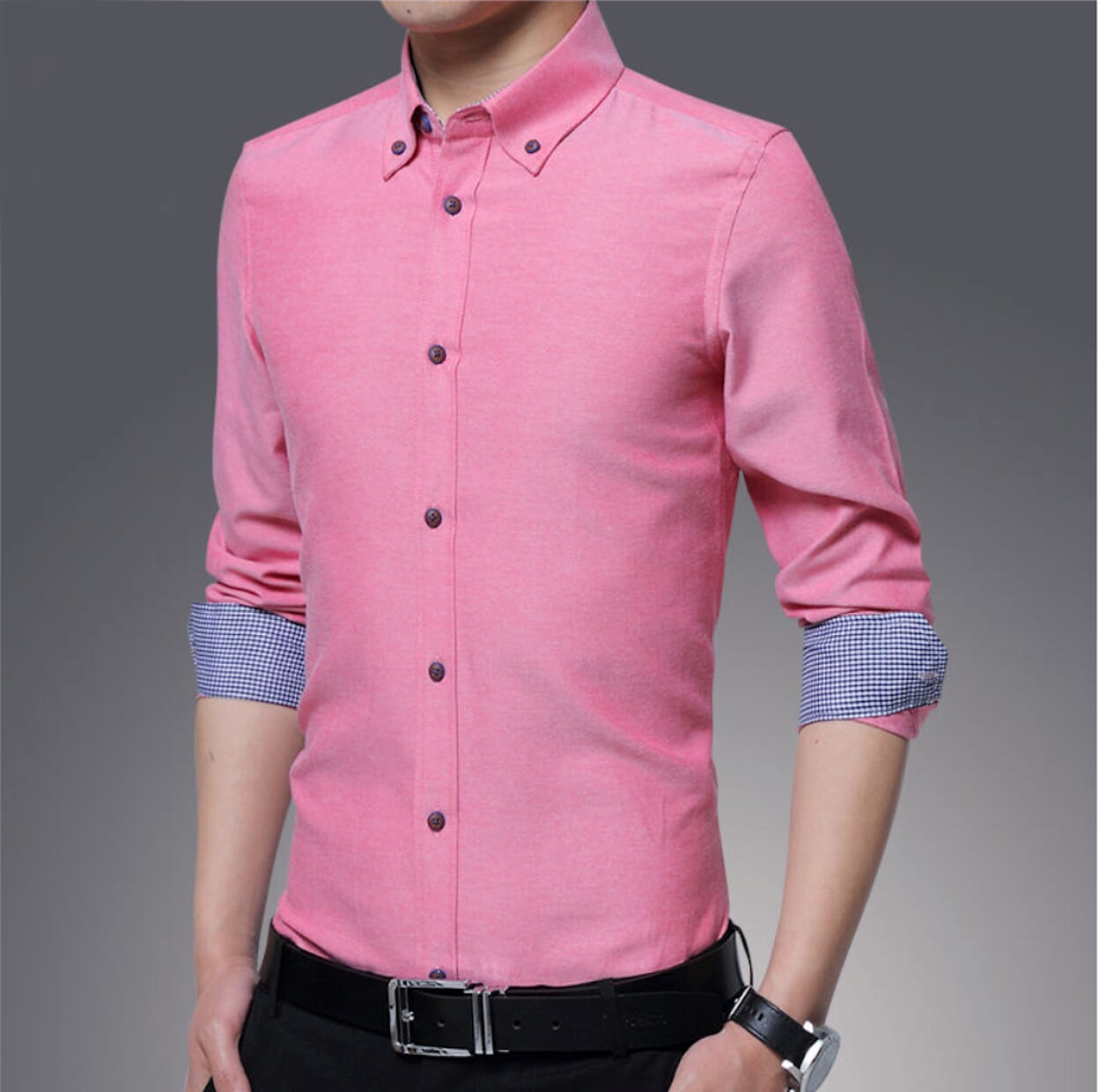 Mens Long Sleeve Shirt with Inner Plaid - AmtifyDirect