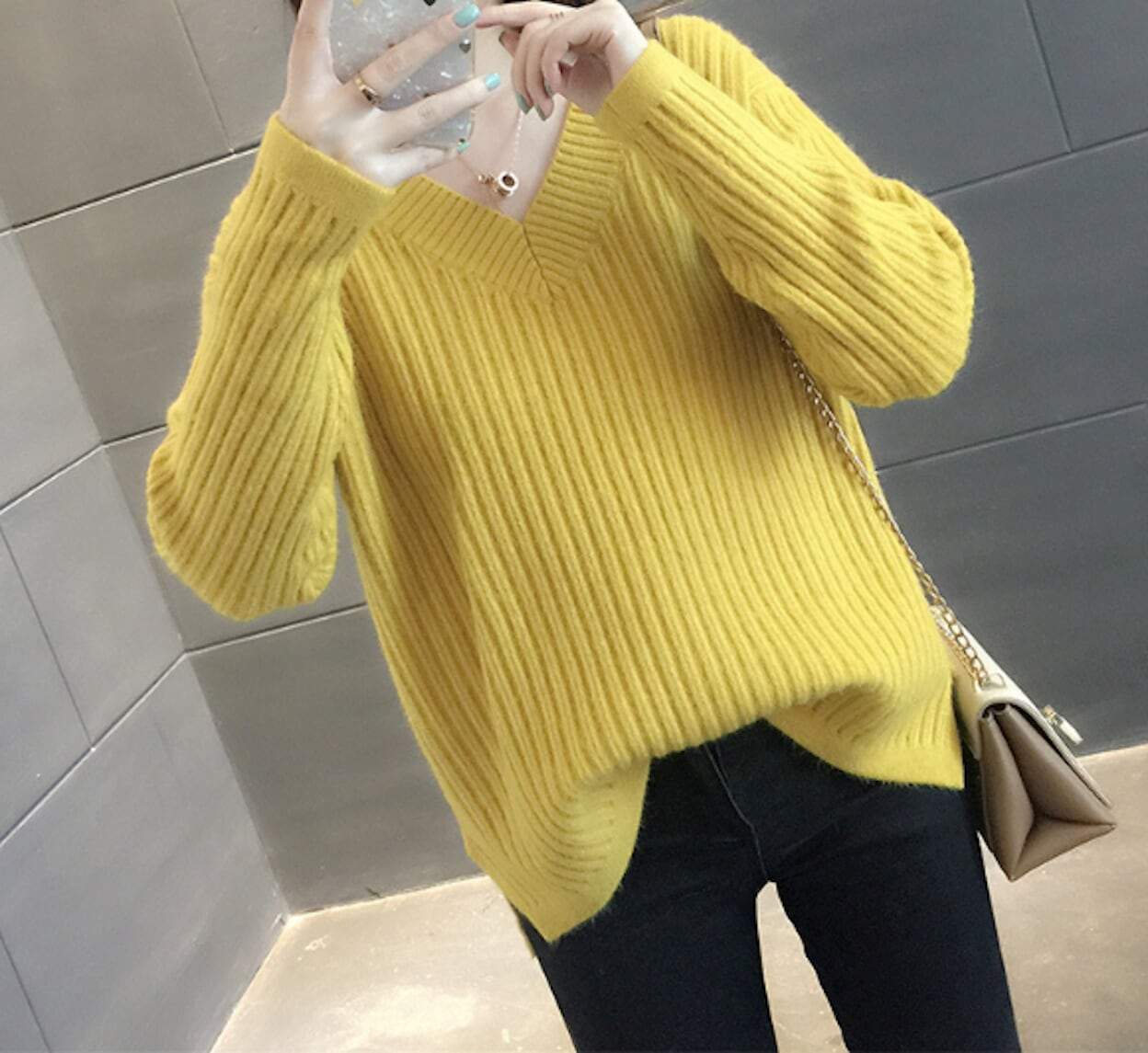 womens yellow acrylic vegan friendly V Neck sweater - AmtifyDirect