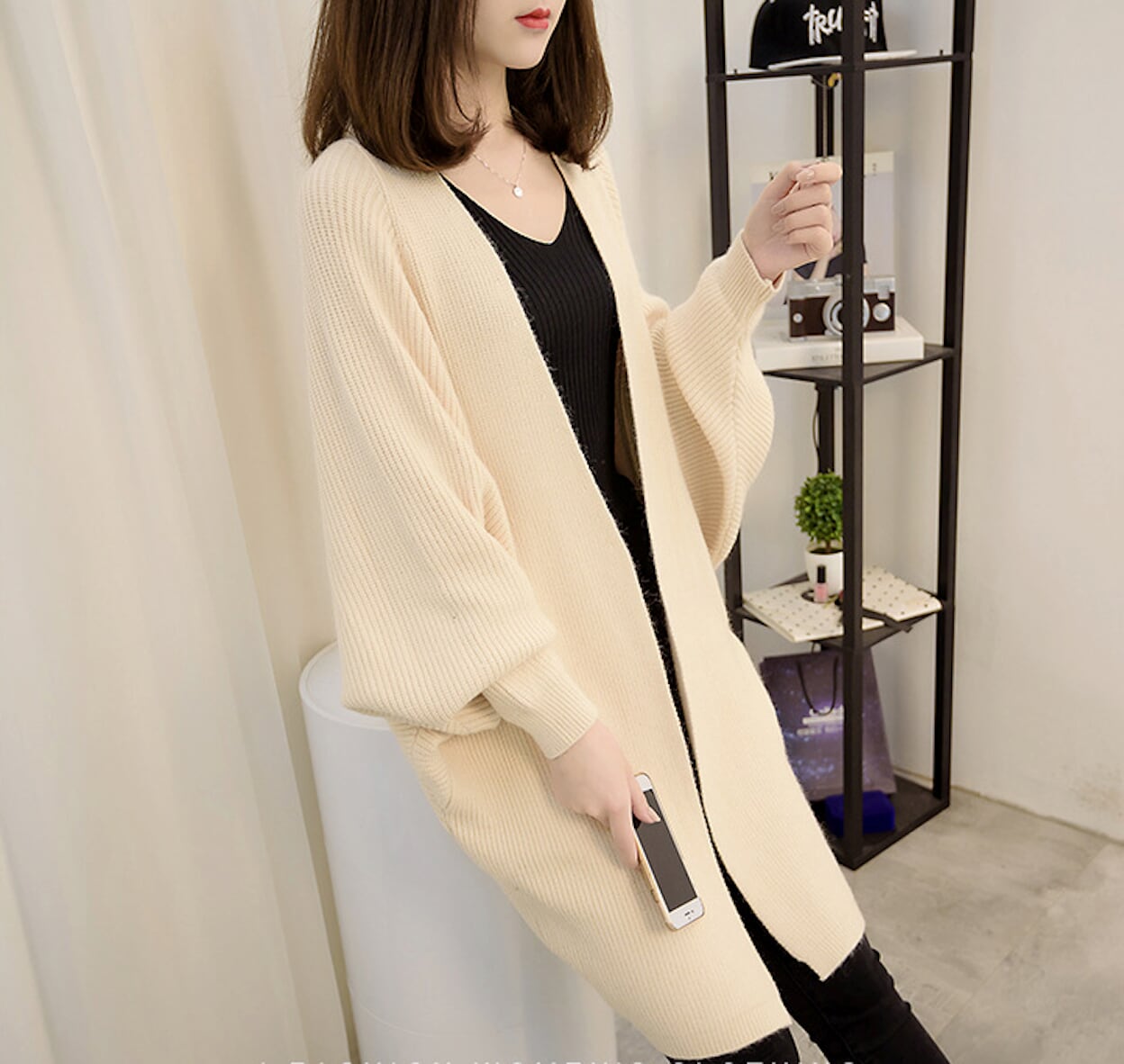 womens beige acrylic blend batwing open front long cardigan - AmtifyDirect