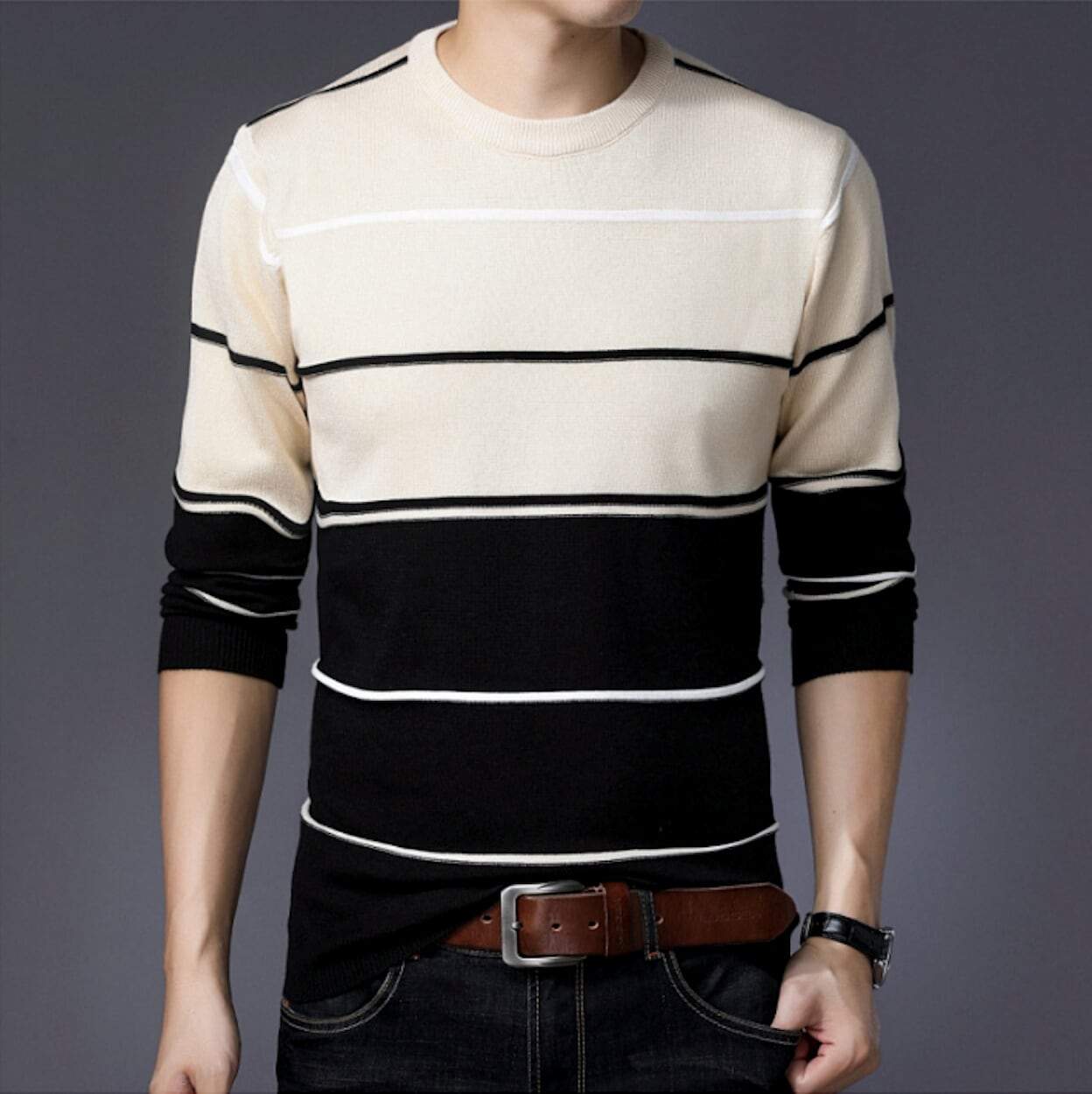 mens acrylic vegan friendly striped round neck sweater - AmtifyDirect