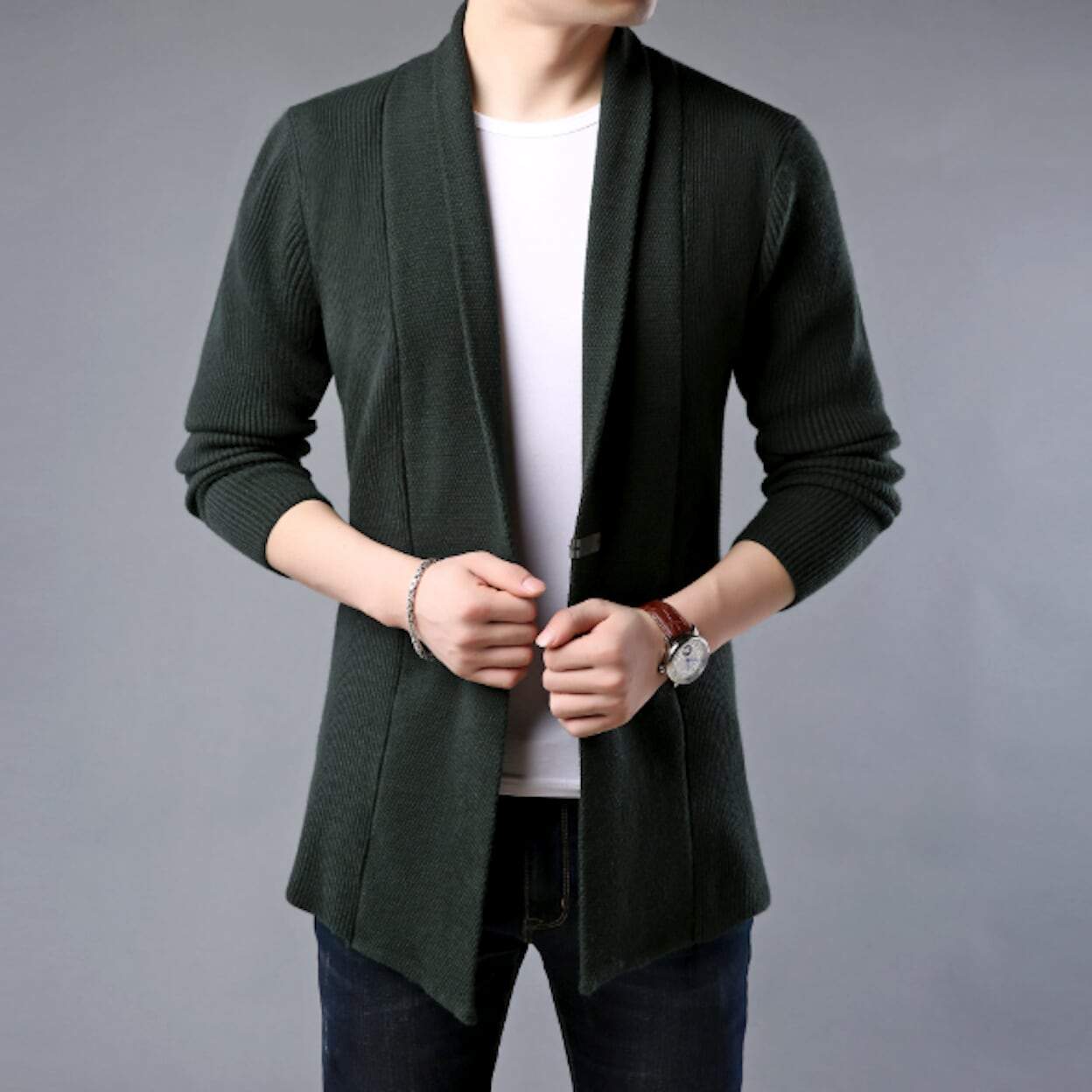Men's dark green shawl collar cardigan sweater - AmtifyDirect
