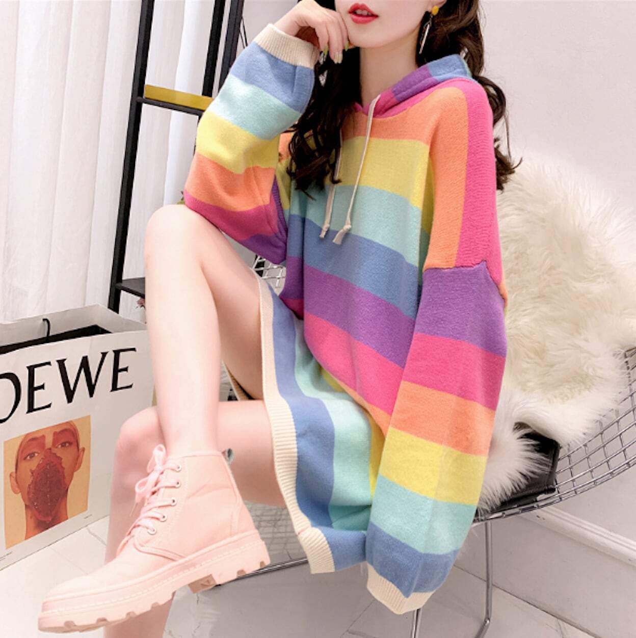 womens multi color striped acrylic vegan friendly hooded sweater - AmtifyDirect