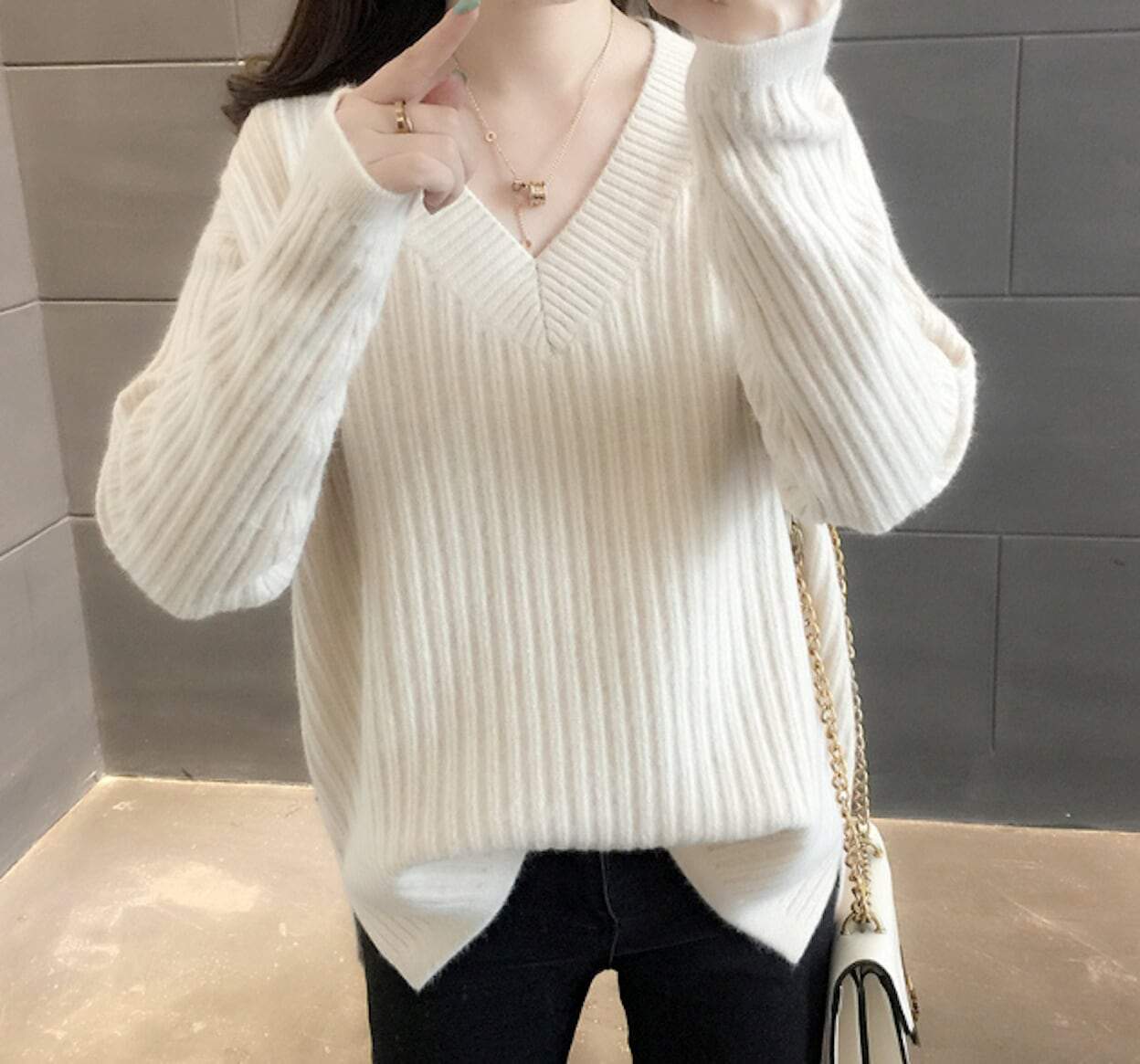 womens white acrylic vegan friendly V Neck sweater - AmtifyDirect