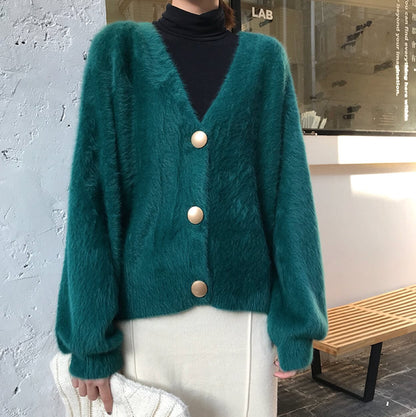 womens cotton blend dark green fuzzy button front cardigan - AmtifyDirect