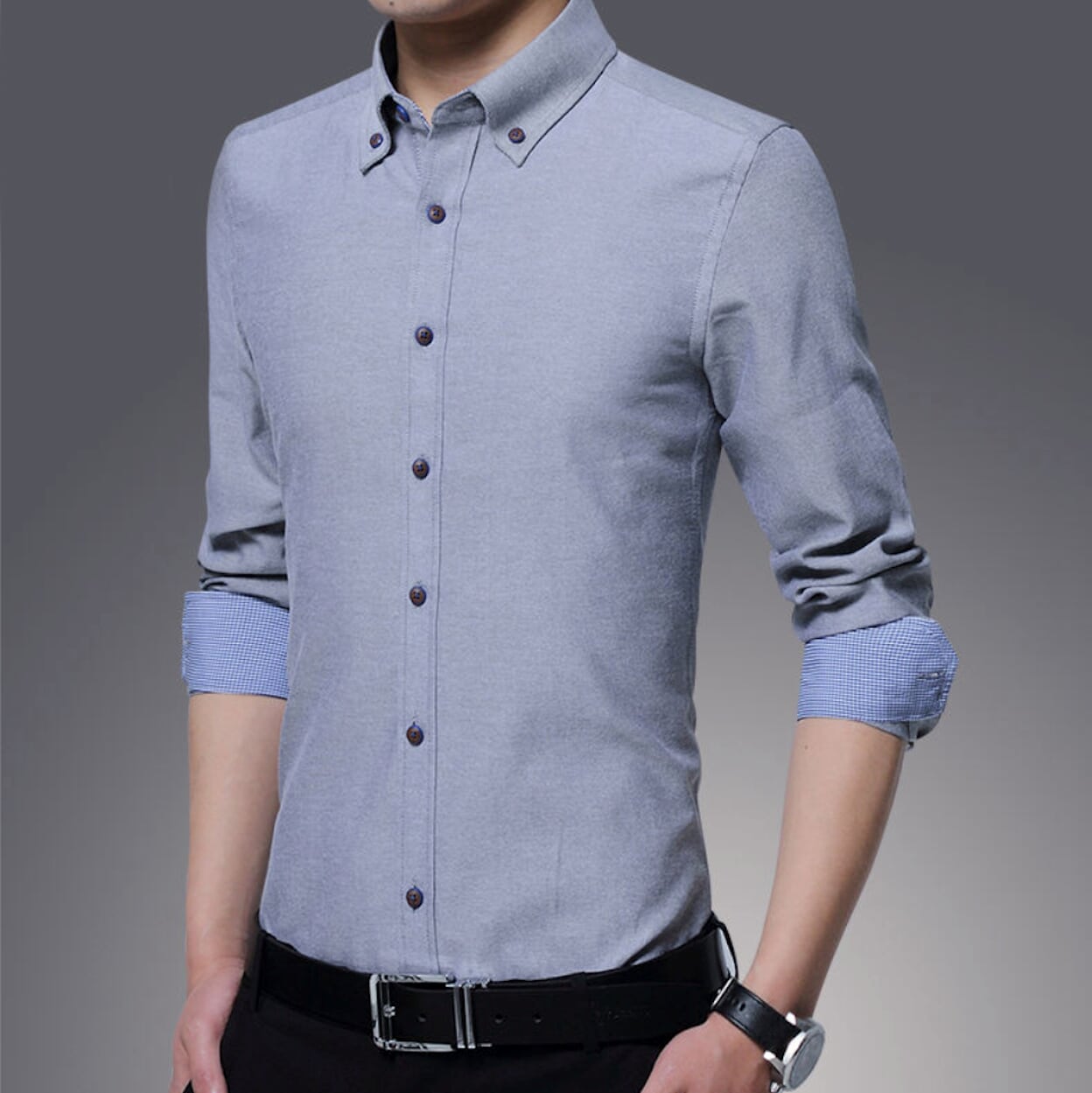 Mens Long Sleeve Shirt with Inner Plaid - AmtifyDirect