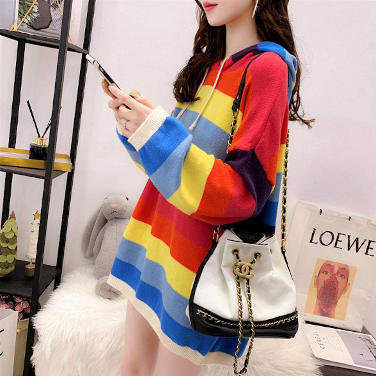 womens multi color striped acrylic vegan friendly hooded sweater - AmtifyDirect
