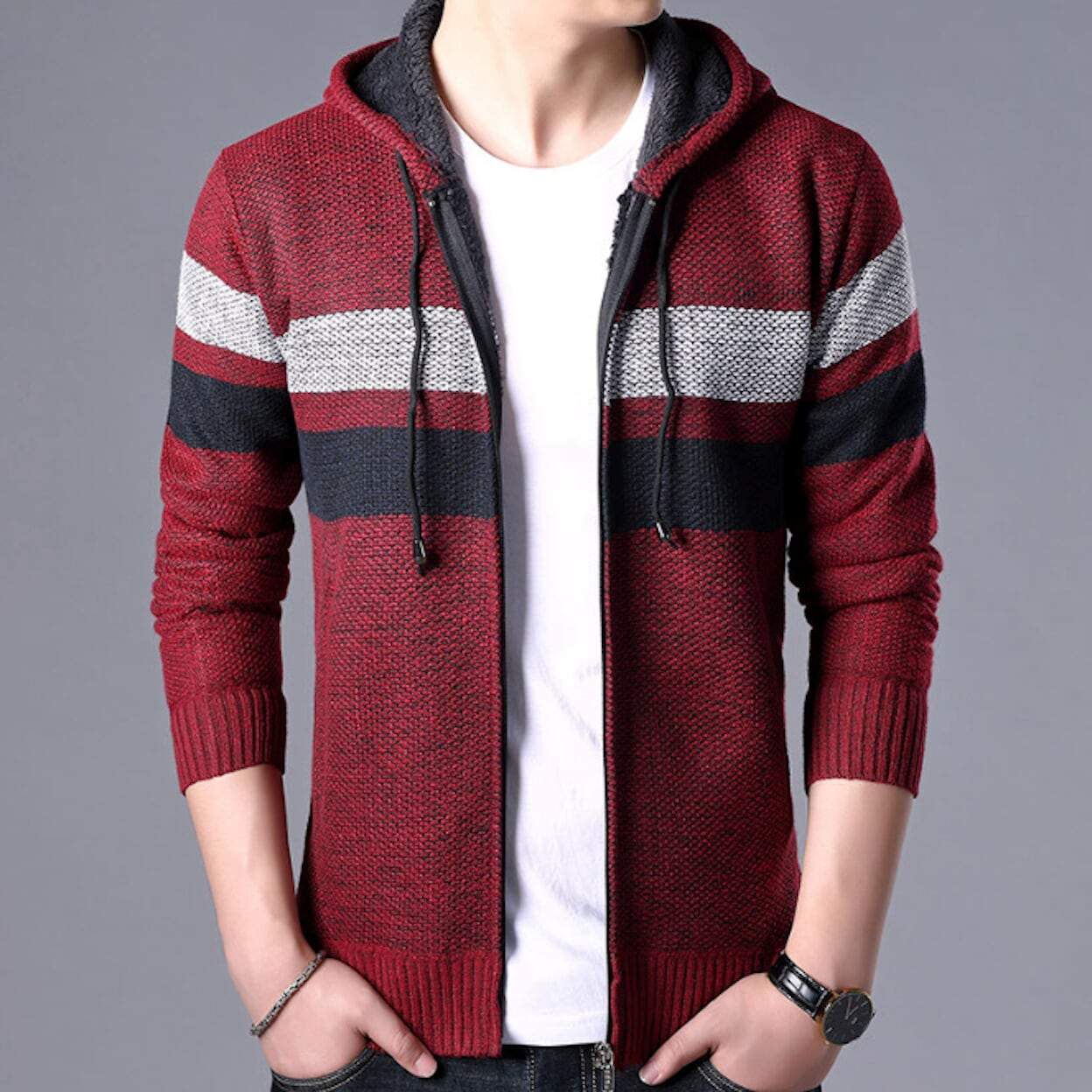 mens red polyester and cotton hooded zip up cardigan sweater - AmtifyDirect