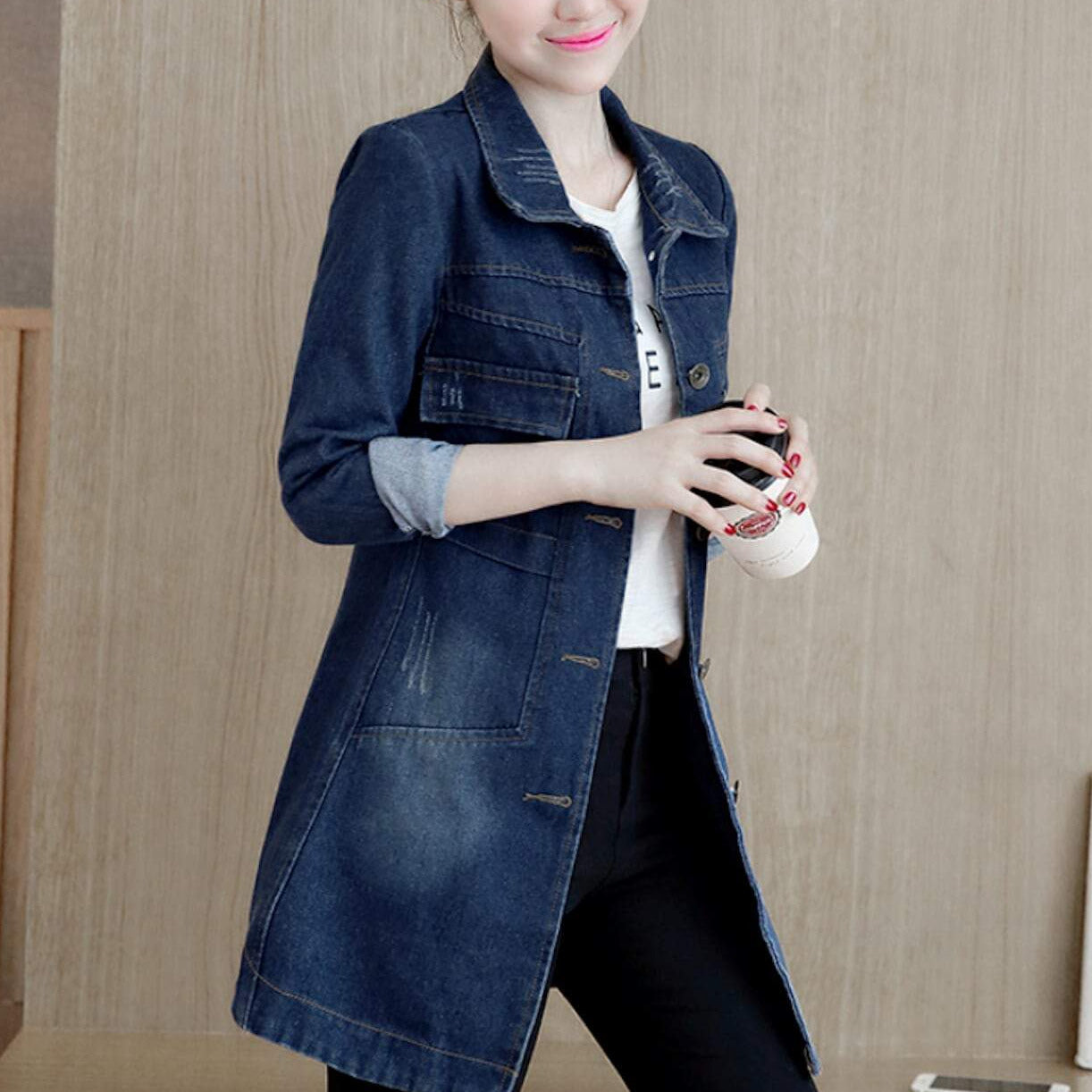 Lady Distressed Hole Over Knee Long Denim Jean Jacket Slim Fit Trench Coat  Tops | eBay