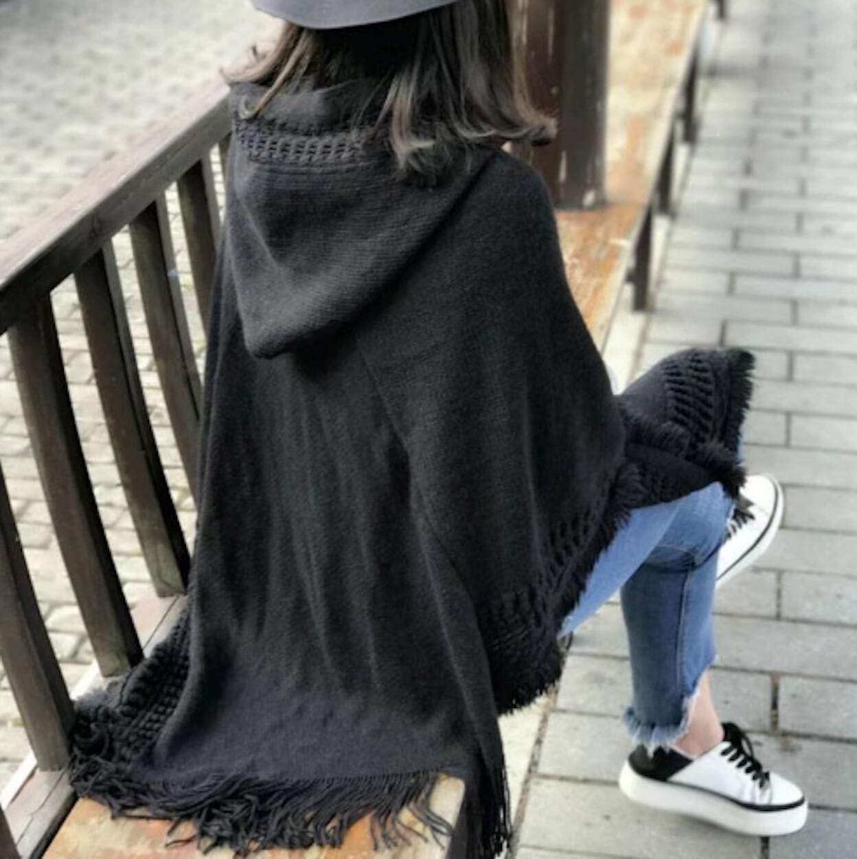 womens black acrylic blend vegan friendly hooded poncho - AmtifyDirect