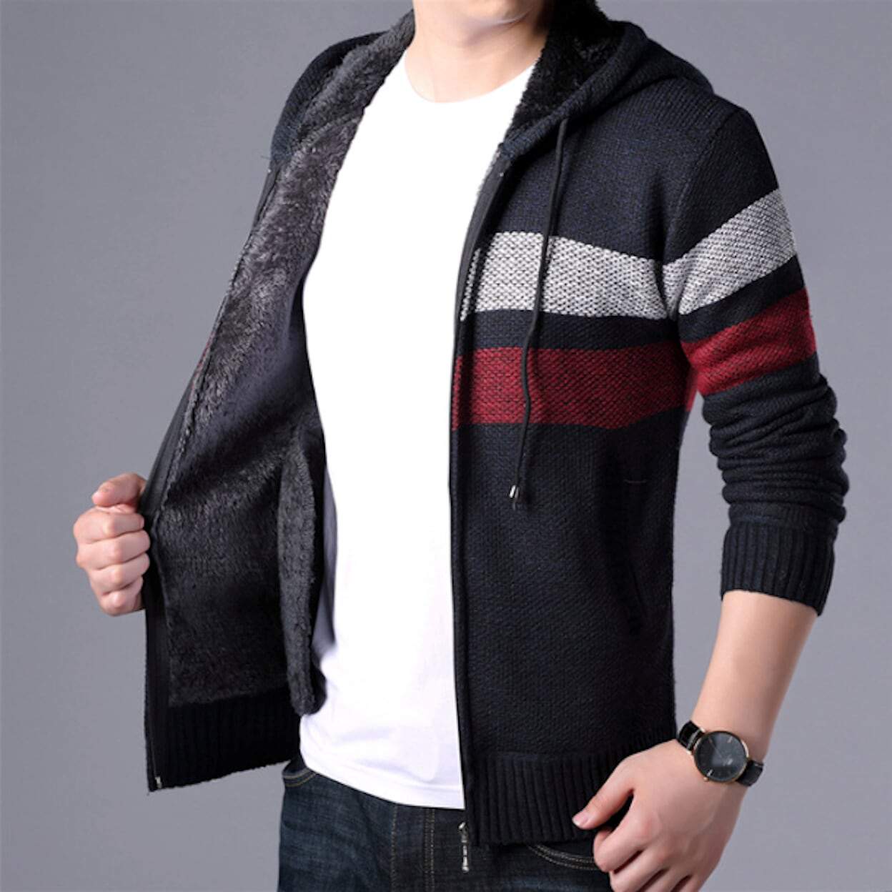 mens black polyester cotton hooded zip up cardigan sweater - AmtifyDirect