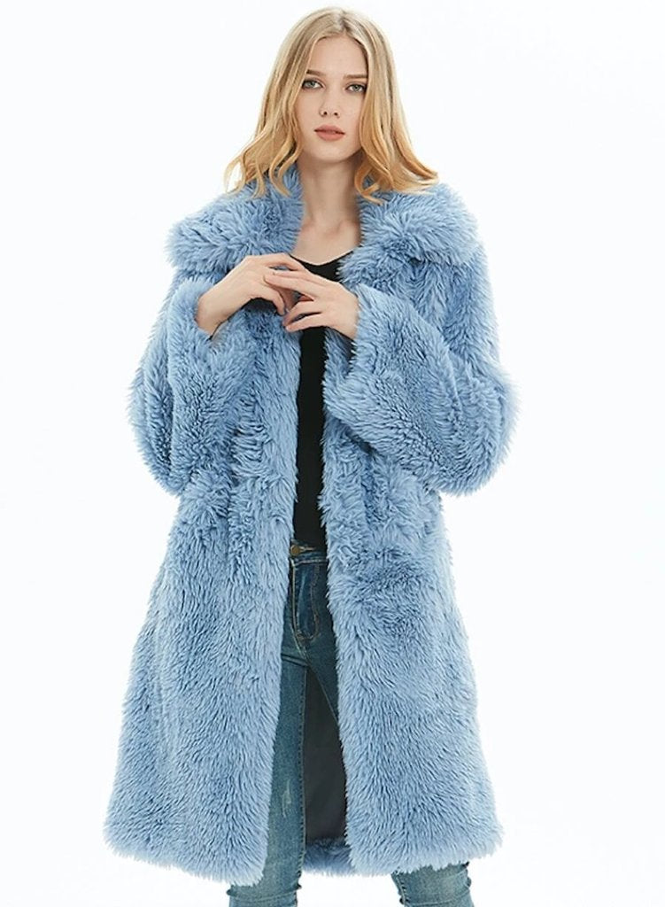 womens blue faux fur mid length coat - AmtifyDirect