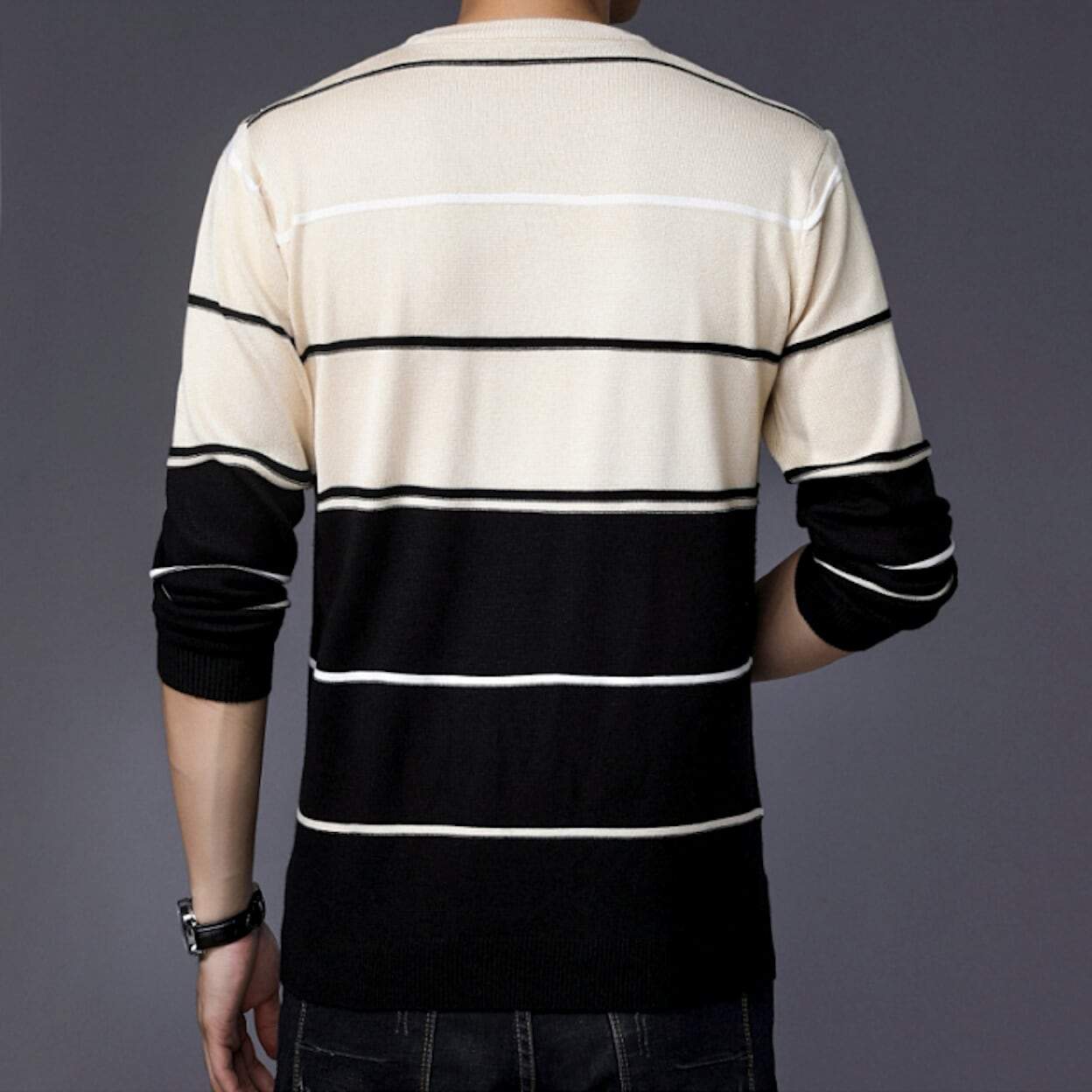 mens acrylic vegan friendly striped round neck sweater - AmtifyDirect