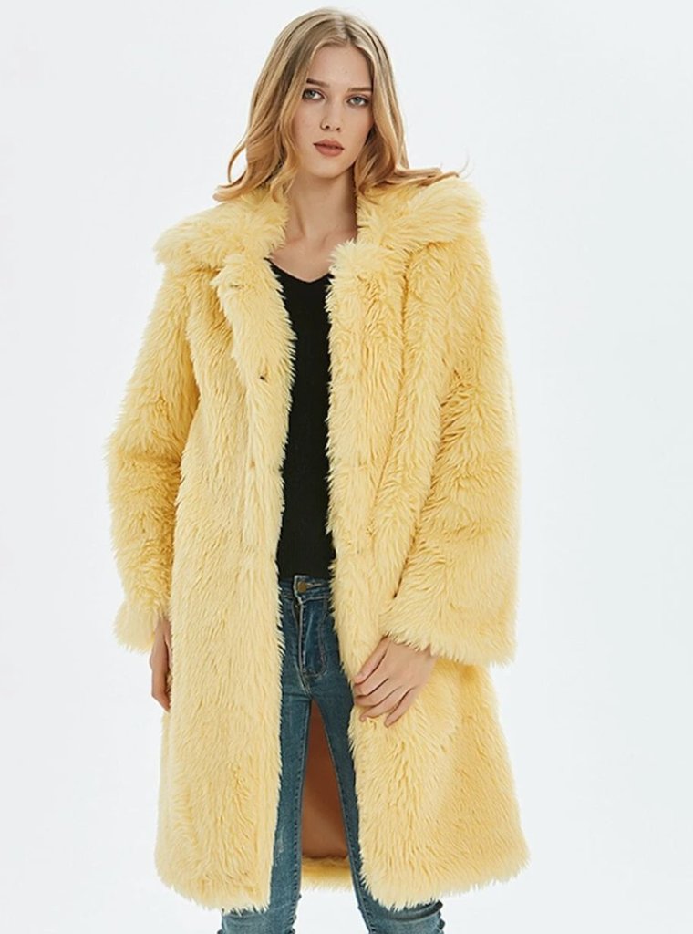 womens yellow faux fur mid length coat - AmtifyDirect