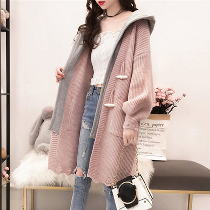 womens pink acrylic button front hooded long cardigan sweater - AmtifyDirect