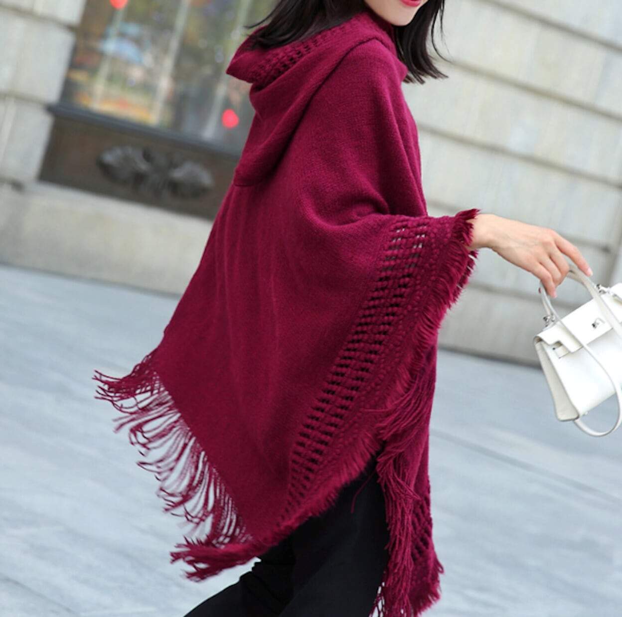 womens red acrylic blend vegan friendly hooded poncho - AmtifyDirect
