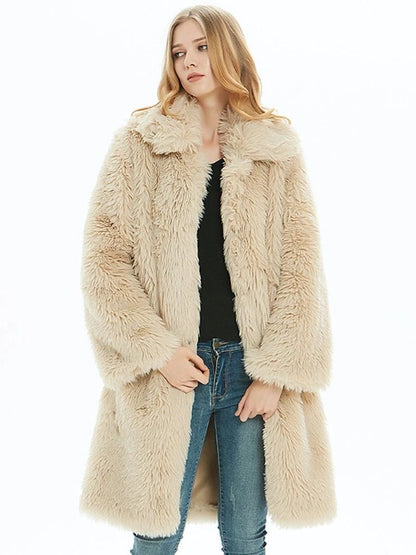 womens khaki faux fur mid length coat - AmtifyDirect