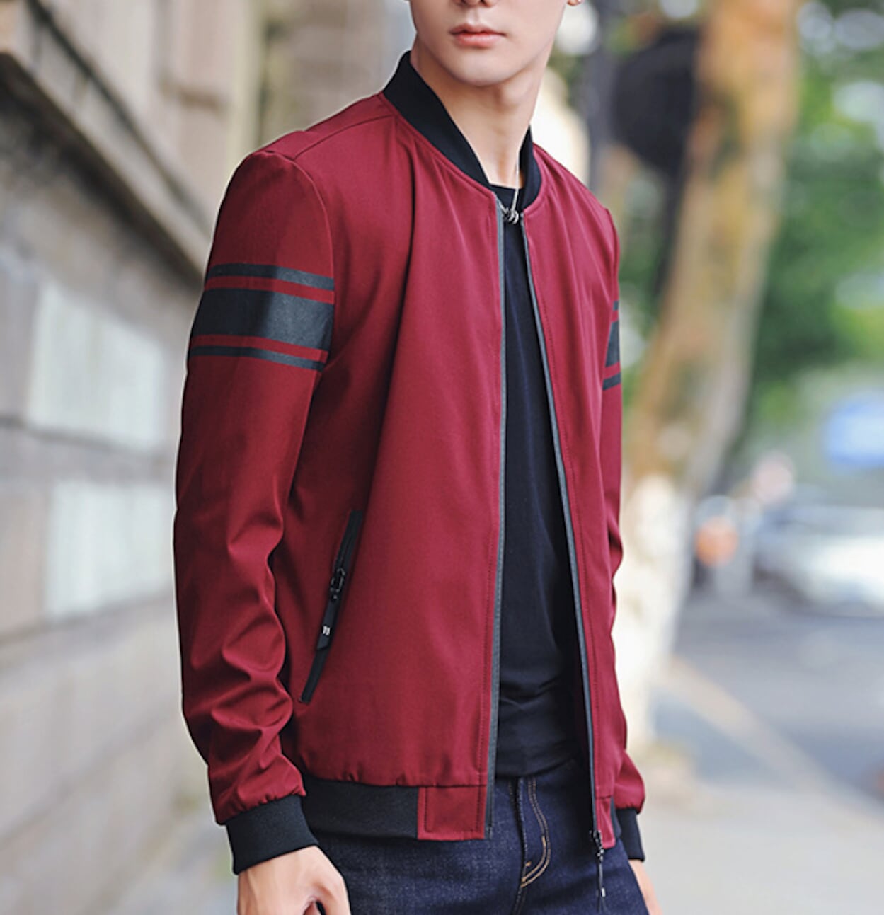 Mens Casual Zipper Jacket with Stripes - AmtifyDirect