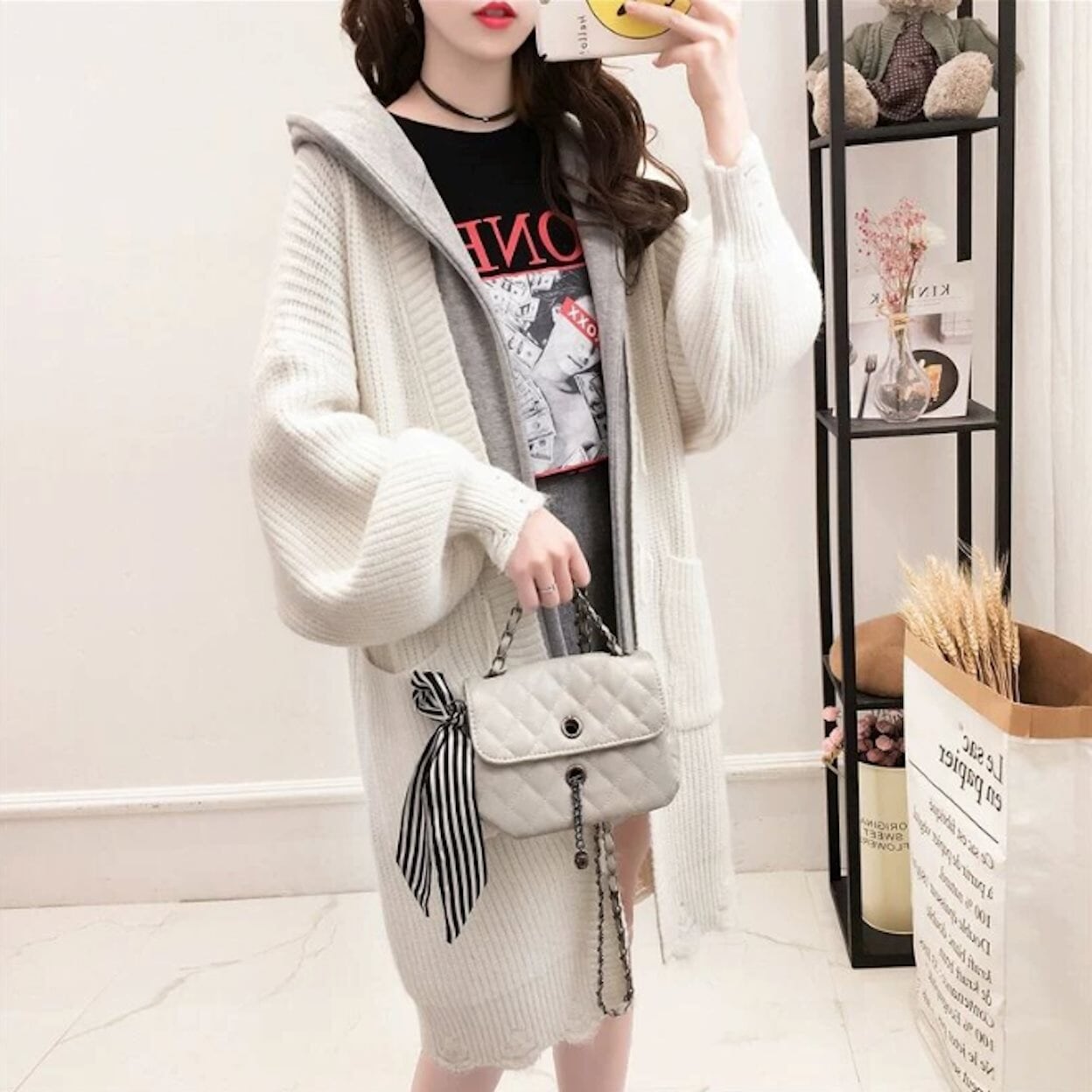 womens off white acrylic button front hooded long cardigan sweater - AmtifyDirect
