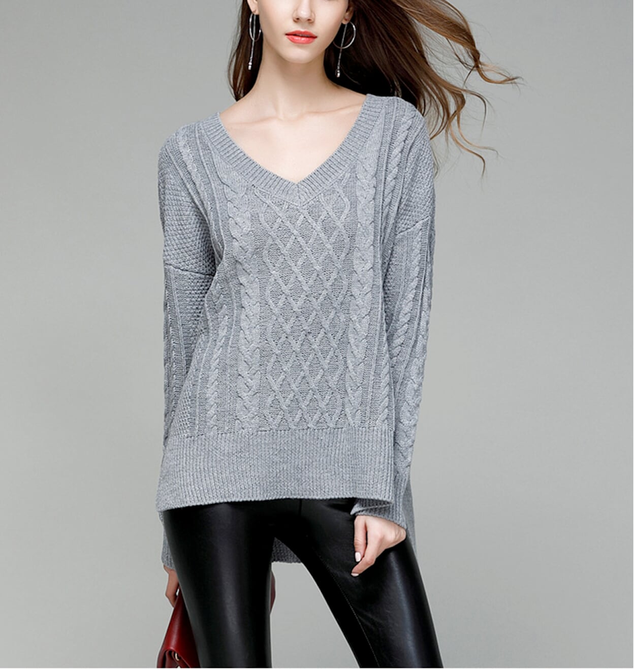 womens gray acrylic v-neck cable knit sweater - AmtifyDirect