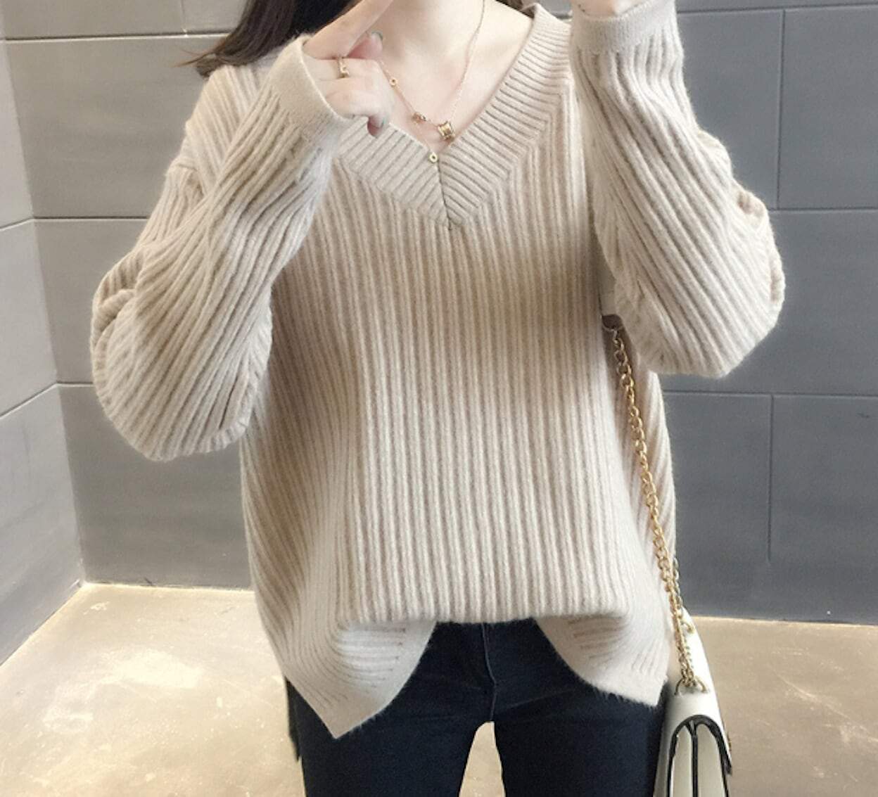 womens beige acrylic vegan friendly V Neck sweater - AmtifyDirect