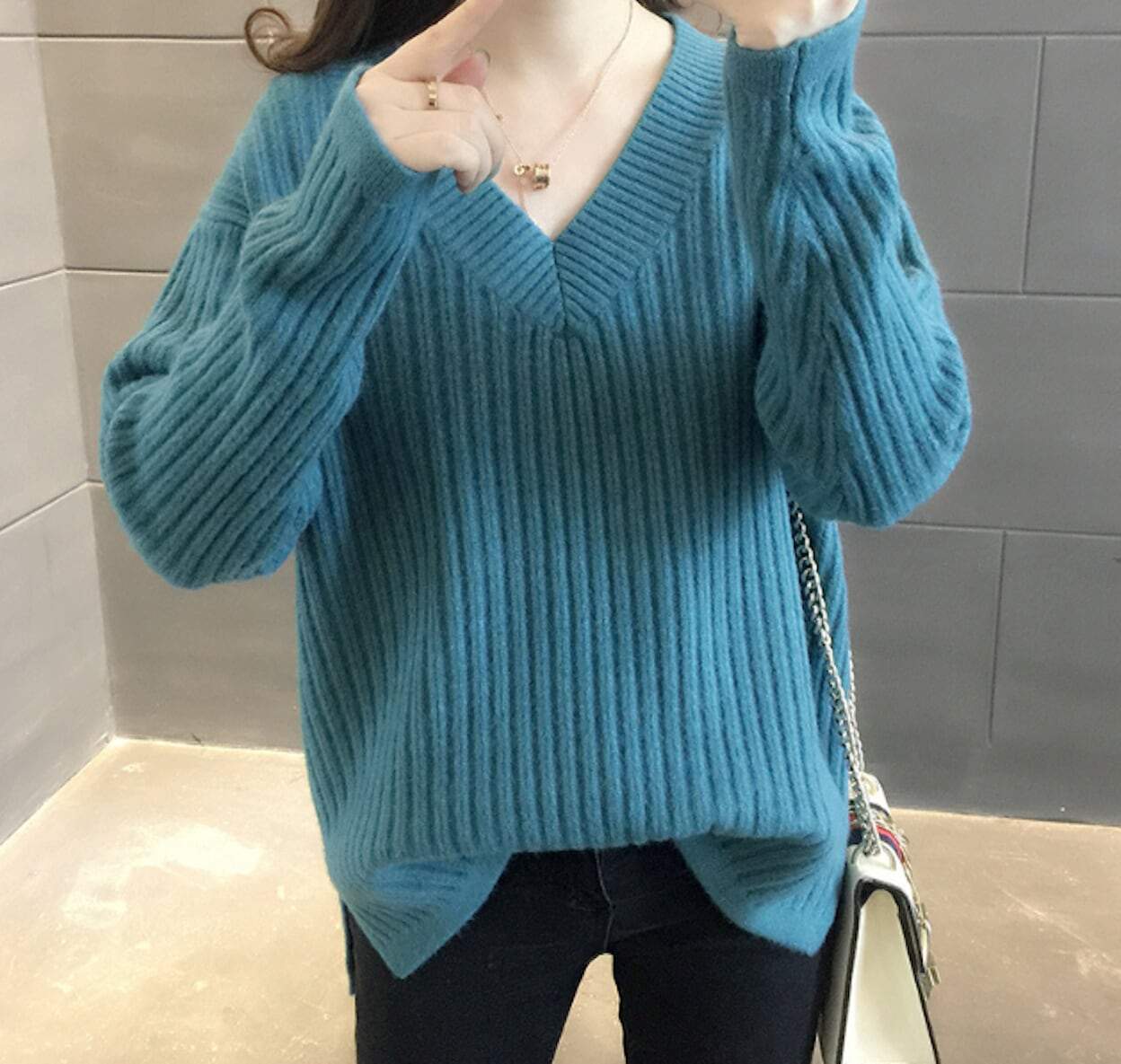 womens blue acrylic vegan friendly V Neck sweater - AmtifyDirect