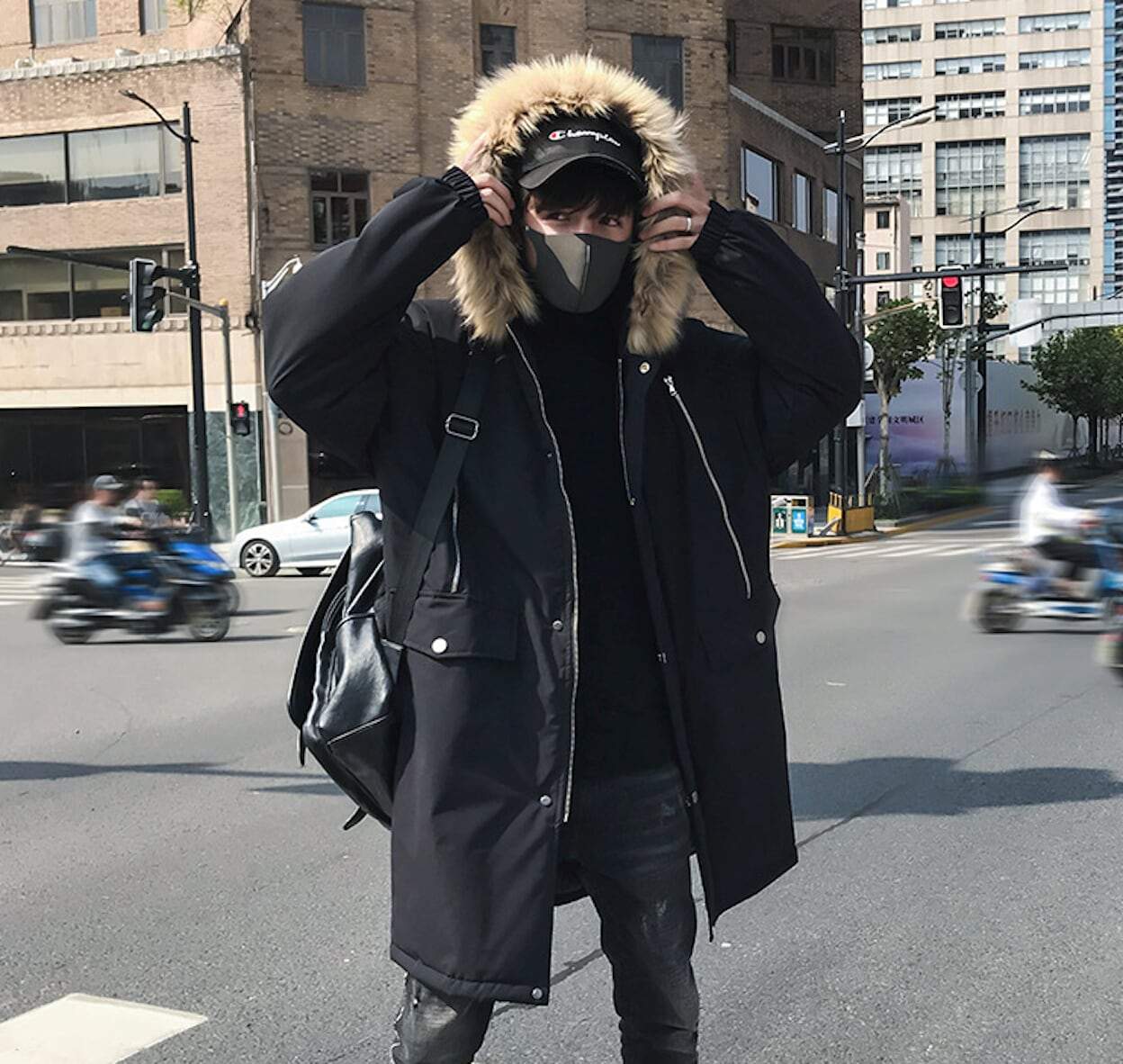 Mens Top Coat with Faux Fur Hood