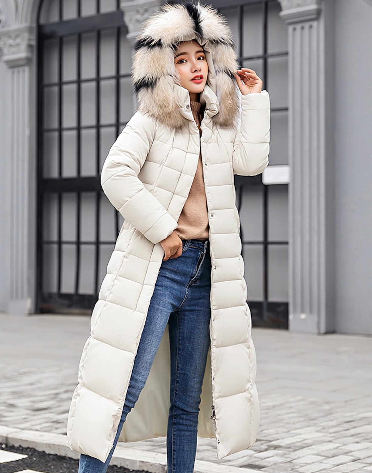 Long puffer jacket store with fur hood