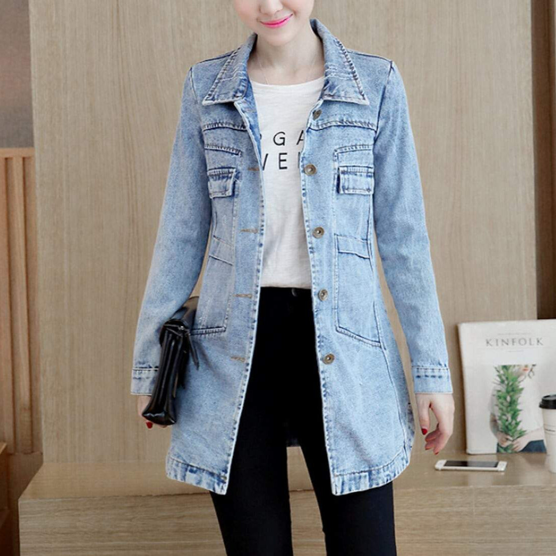 Women's mid clearance length denim jacket