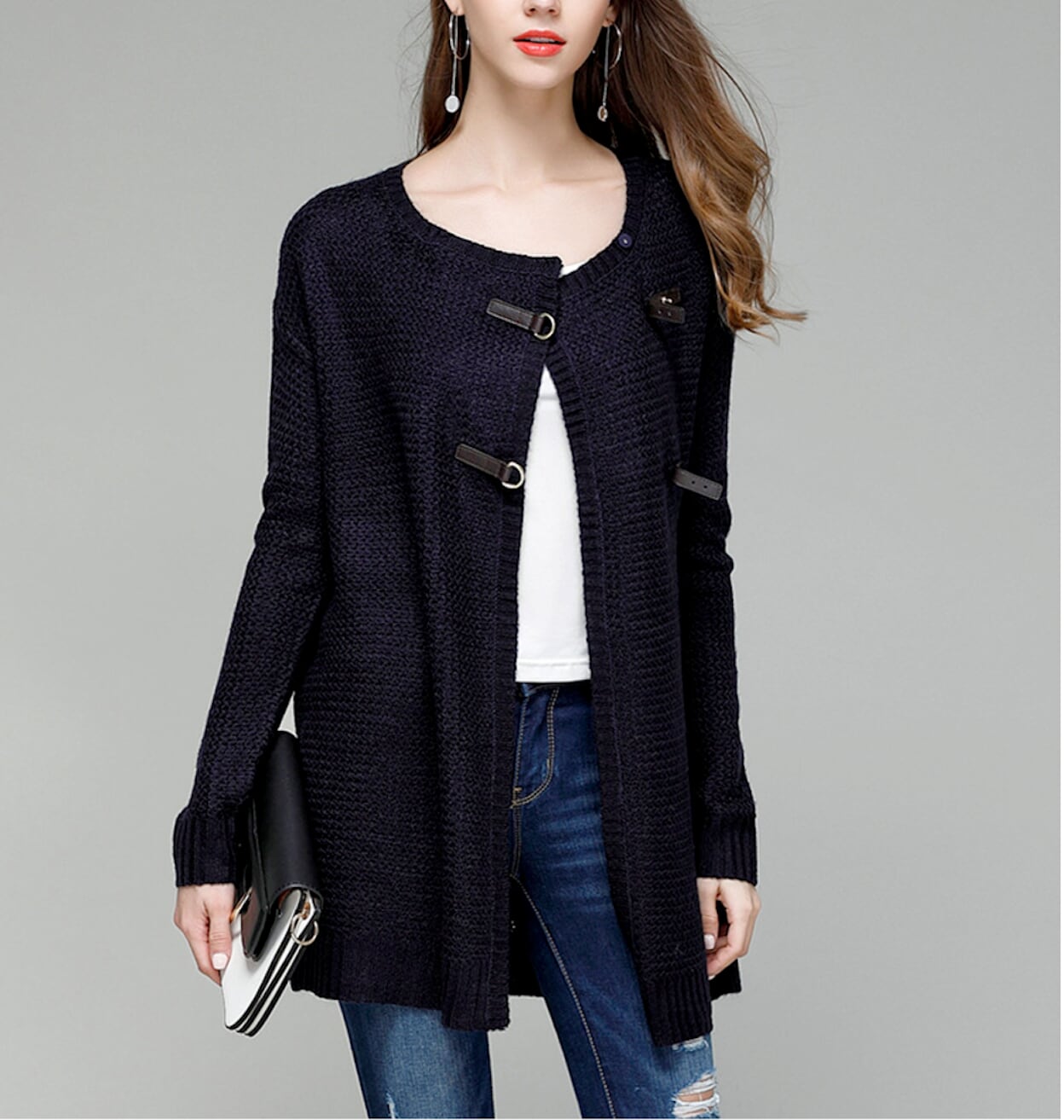womens navy acrylic long knit sweater - AmtifyDirect