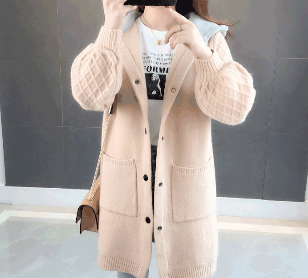 womens khaki cotton blend hooded long cardigan sweater - AmtifyDirect
