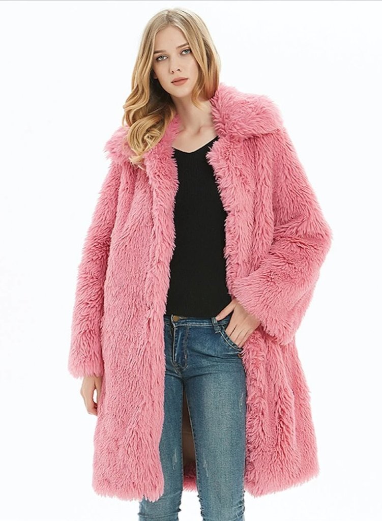 womens pink faux fur mid length coat - AmtifyDirect