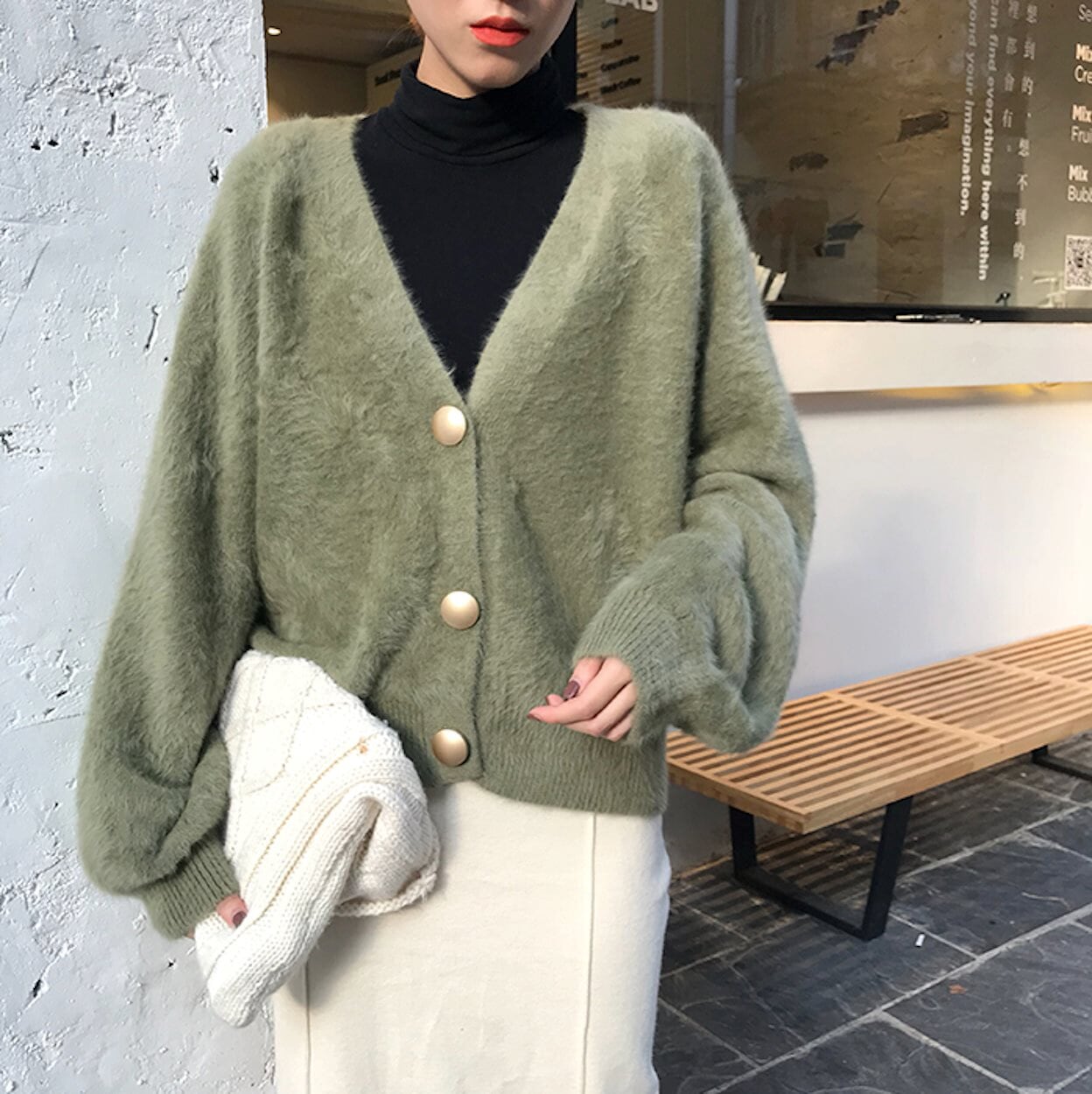 Fuzzy button best sale up sweater