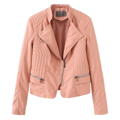 womens pink faux leather vegan biker jacket - amtifyDirect