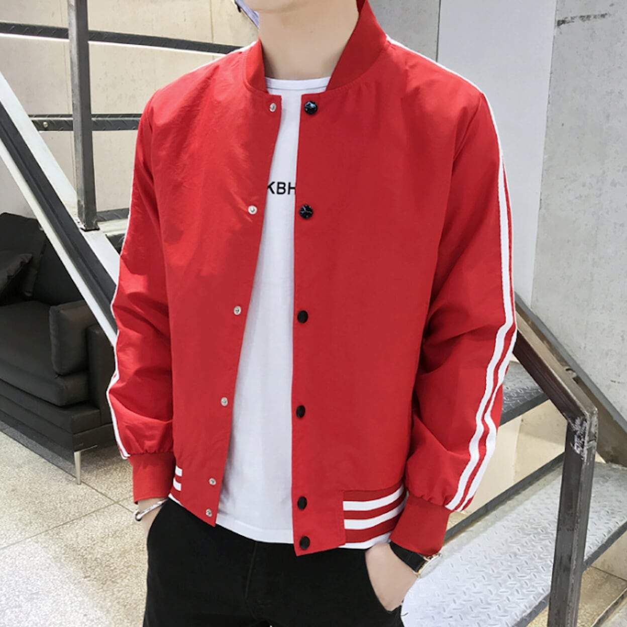 Red bomber jacket 2025 with white stripes