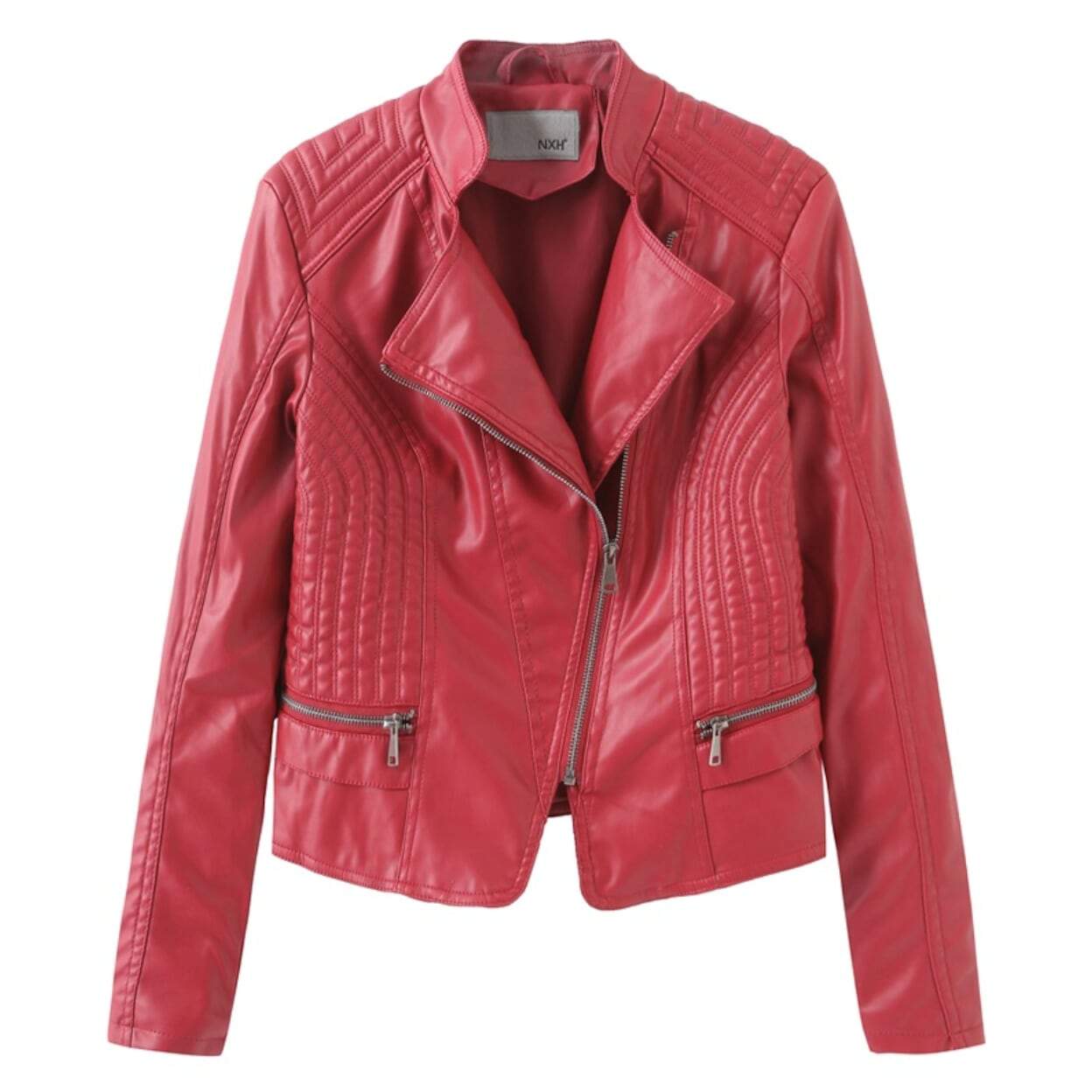 womens red faux leather vegan biker jacket - amtifyDirect