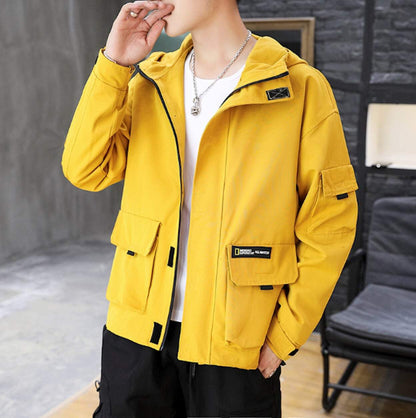 mens yellow polyester/cotton blend hooded zip up street style jacket