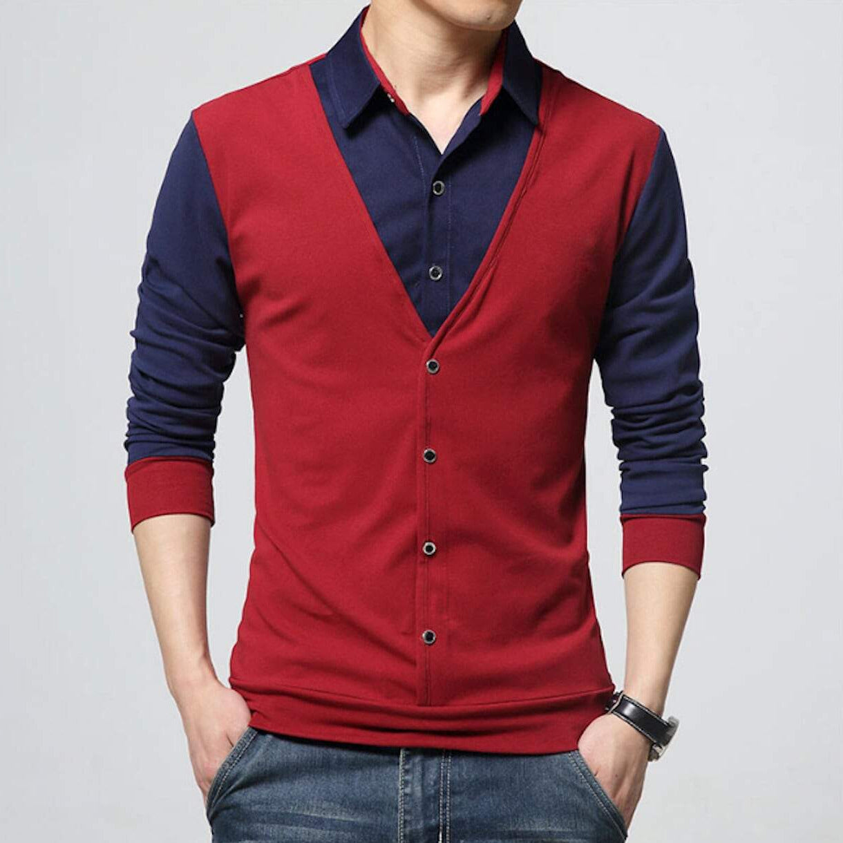 mens red polyester/cotton blend vest with attached shirt - Amtify Direct