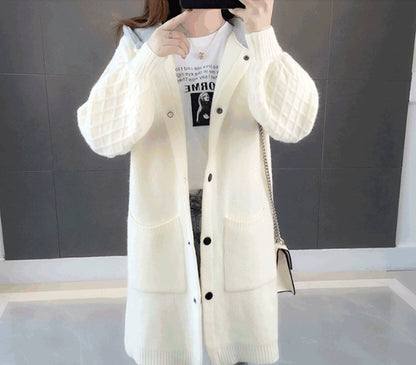 womens white cotton blend hooded long cardigan sweater - AmtifyDirect