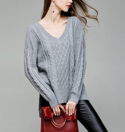 womens gray acrylic v-neck cable knit sweater - AmtifyDirect